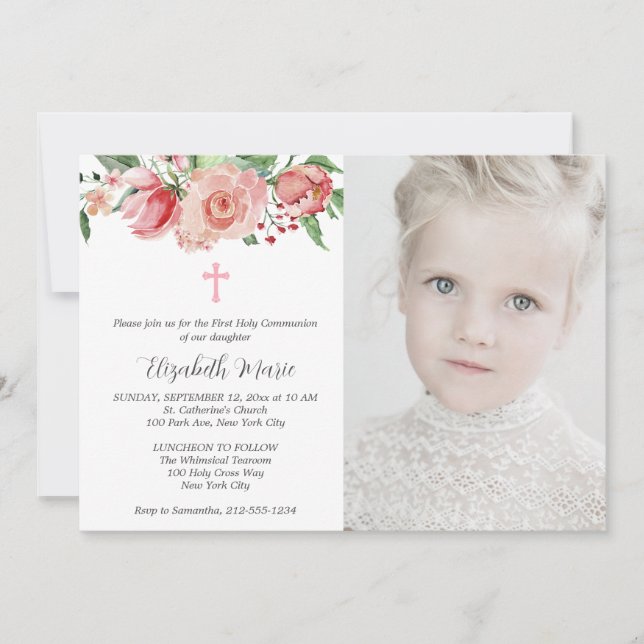Invitation Première communion rose florale et photo pour les  (Devant)