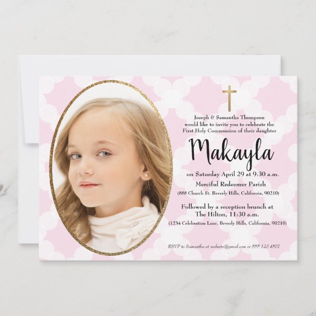 Invitation Première communion rose or blanc (Devant)