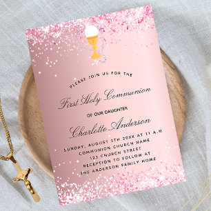 Invitation Première communion rose pâle parties scintillant l