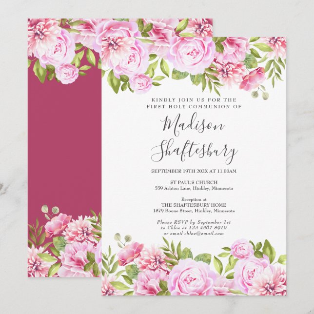 Invitation Première Communion Rose Rose Rose Floral (Devant / Derrière)