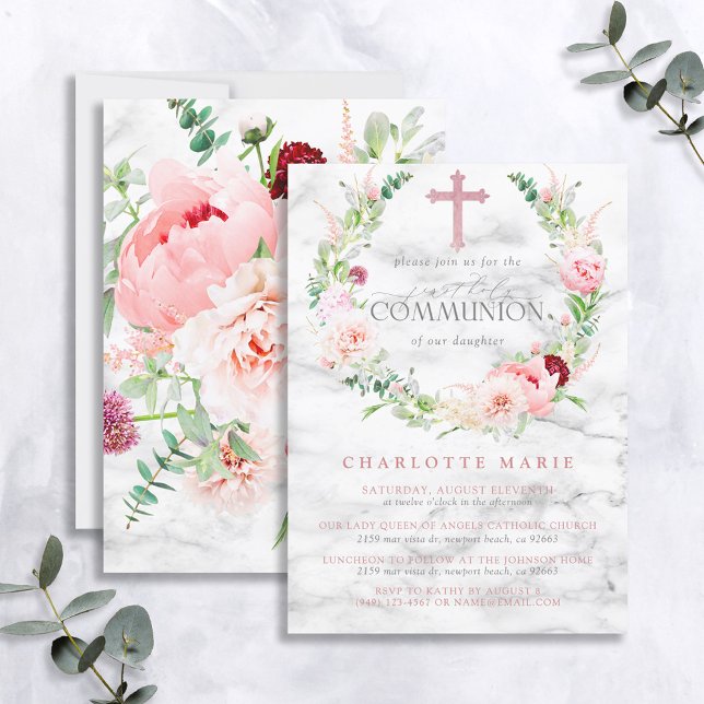 Invitation Première communion Rose Rose Rose Floral Marble Cr (Créateur téléchargé)
