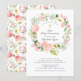 Invitation Première communion rose rose rose rose chic et élé