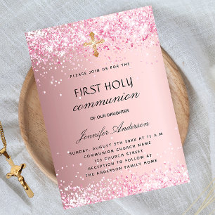 Invitation Première communion rousse rose parties scintillant