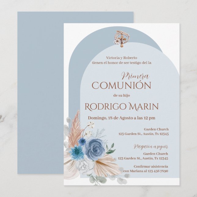 Invitation Première communion sacrée de Boho en Espagne (Devant / Derrière)