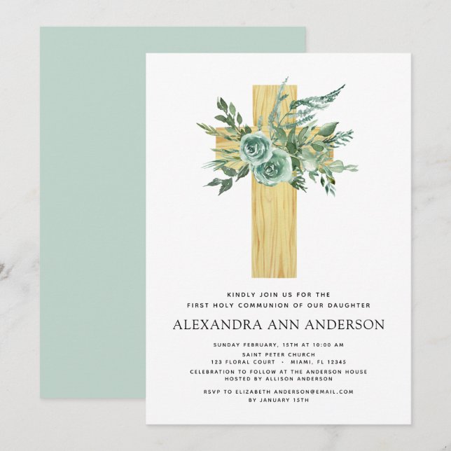 Invitation Première Communion Sage vert Eucalyptus (Devant / Derrière)
