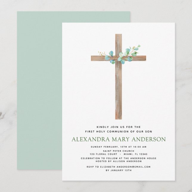 Invitation Première Communion Sage vert Eucalyptus Invi (Devant / Derrière)