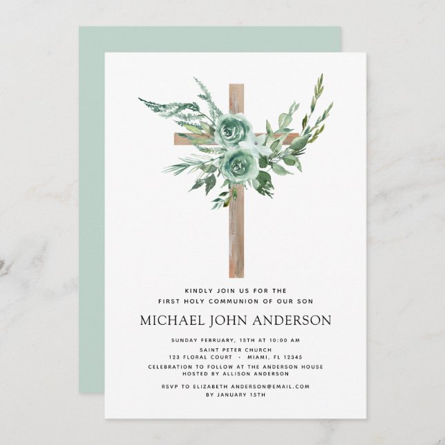 Invitation Première Communion Sage vert Eucalyptus Invi (Devant / Derrière)