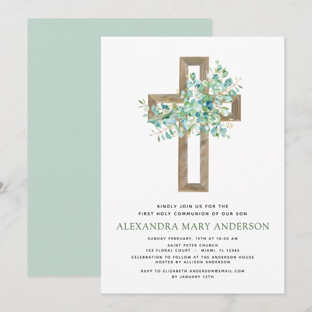 Invitation Première Communion Sage vert Eucalyptus Invi (Devant / Derrière)