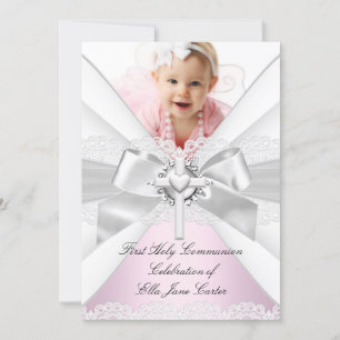 Invitation Première communion sainte argent blanc photo rose