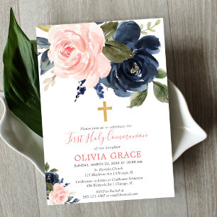 Invitation Première communion sainte bleu marine rose