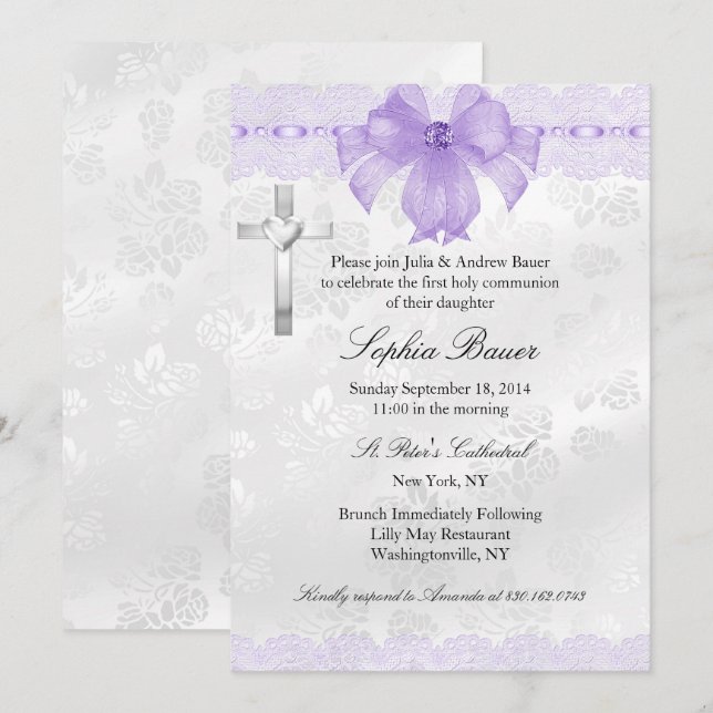 Invitation Première communion sainte de la dentelle violette (Devant / Derrière)