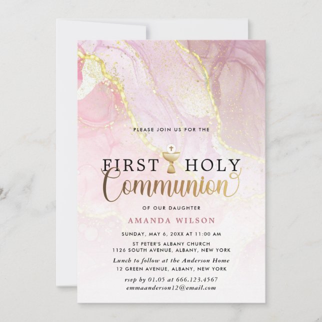 Invitation Première communion sainte de la fille en marbre ro (Devant)