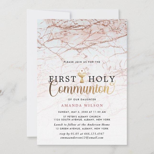 Invitation Première communion sainte de la fille Rose en marb (Devant)