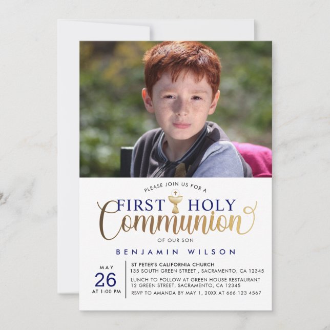 Invitation Première communion sainte de Navy et Gold Boy (Devant)
