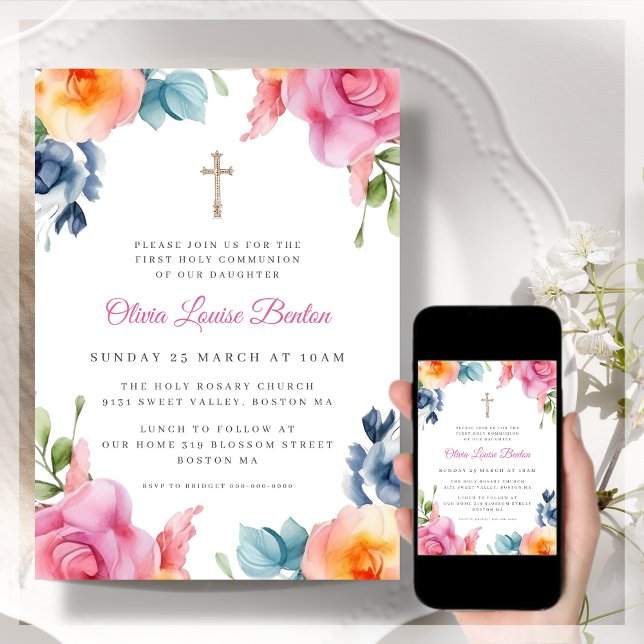 Invitation Première communion sainte du printemps floral (Créateur téléchargé)