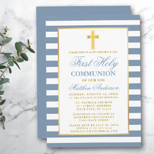 Invitation Première Communion Sainte Dusty Bleu Gravé Or