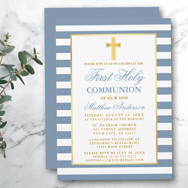 Invitation Première Communion Sainte Dusty Bleu Gravé Or (Customize to change text size, color or text style.)