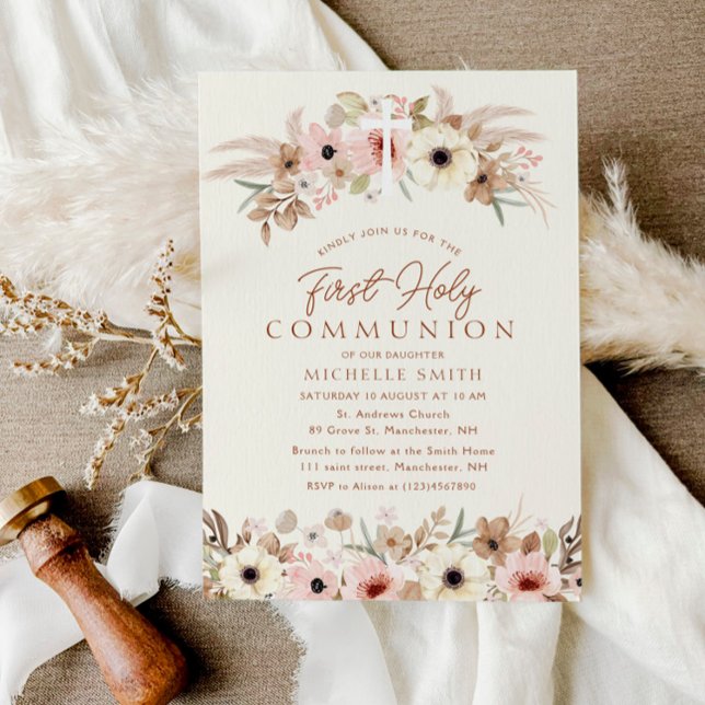 Invitation première communion sainte, florale bohème moderne (Créateur téléchargé)