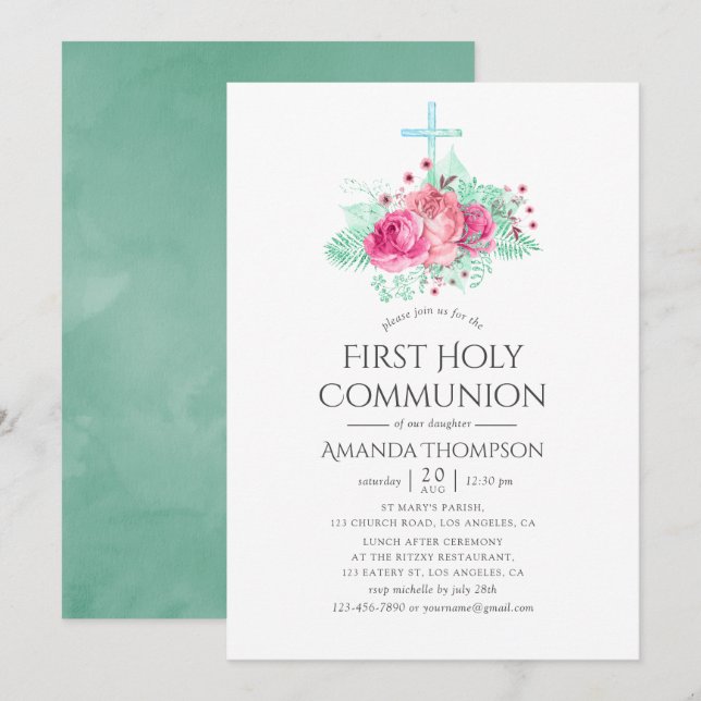 Invitation Première communion sainte rose et menthe (Devant / Derrière)