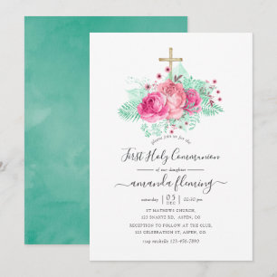 Invitation Première communion sainte rose et menthe