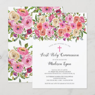 Invitation Première communion sainte rose rose moderne