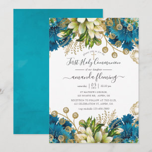 Invitation Première communion shabby chic turquoise et or