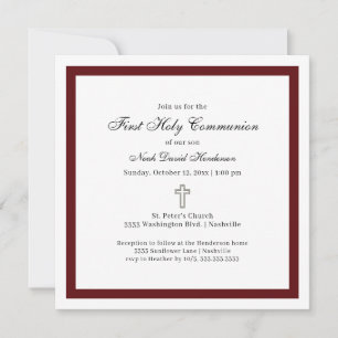 Invitation Première communion simple en bordeaux et blanc