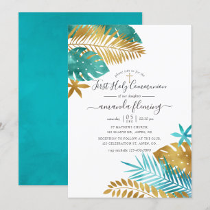 Invitation Première communion tropicale sarcelle et or