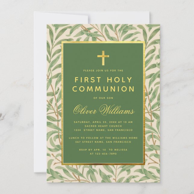 Invitation Première Communion Vert Faux Or Feuillage Vert (Devant)