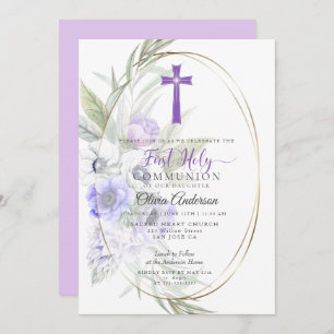 Invitation Première communion   Violet Anémonique Floral Cros