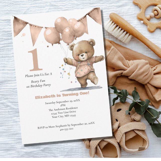 Invitation Première fête d'anniversaire Baby Girl Bear Balloo (Créateur téléchargé)