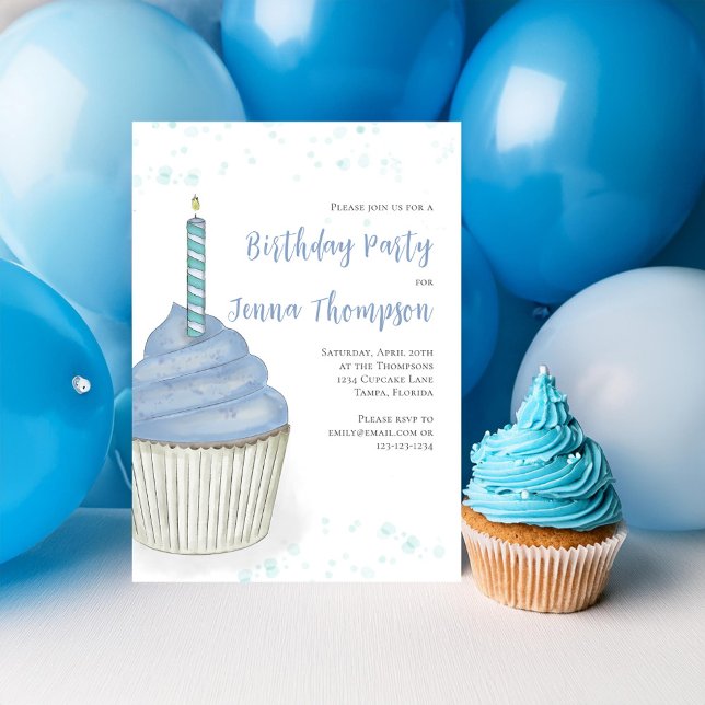 Invitation Première fête d'anniversaire Cute Blue Boy Cupcake (Cute birthday party invitation with blue watercolor cupcake. )
