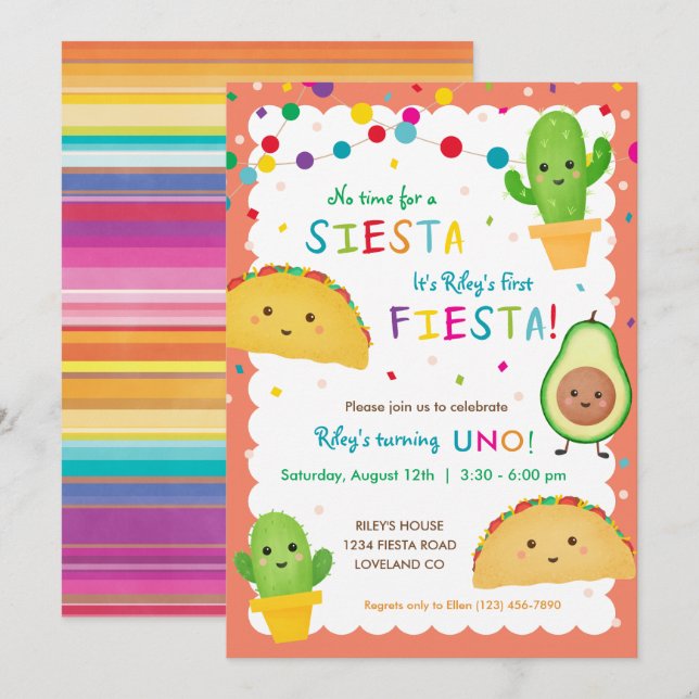 Invitation Première fête d'anniversaire de fêtes avec taco (Devant / Derrière)