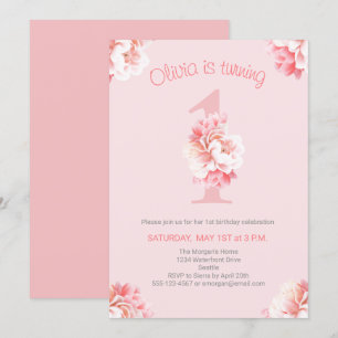 Invitation Première fête d'anniversaire de la fille rose mign