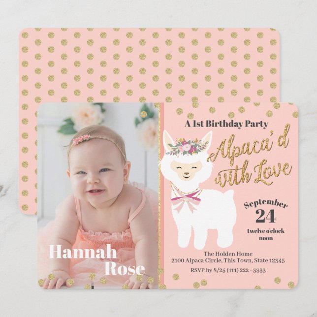 Invitation Première fête d'anniversaire de l'Alpaca avec phot (Devant / Derrière)