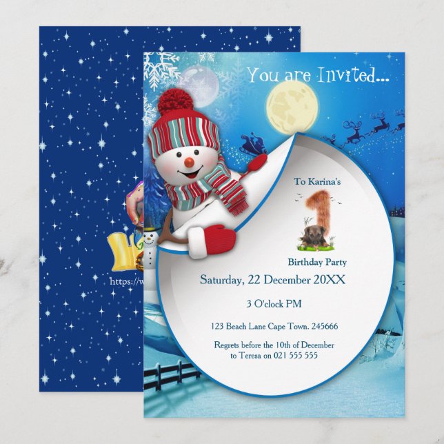 Invitation Première fête d'anniversaire de vacances d'hiver (Devant / Derrière)