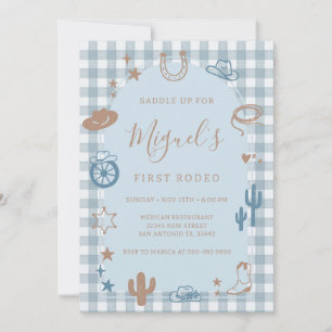 Invitation Première Fête d'anniversaire Western Bleu Gingham