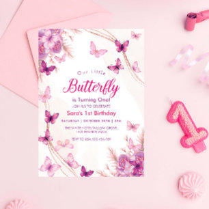 Invitation Première fête des papillons floraux pourpres premi