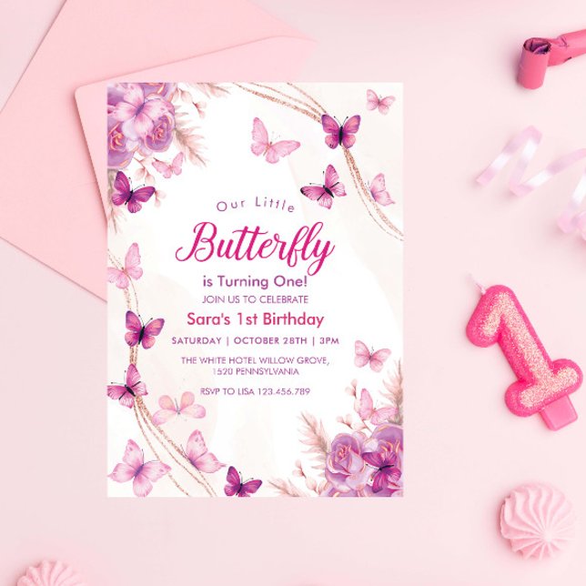 Invitation Première fête des papillons floraux pourpres premi (Créateur téléchargé)