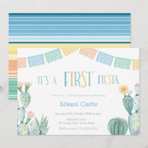 Invitation Première Fête Jaune Bleu Cactus 1er Anniversaire