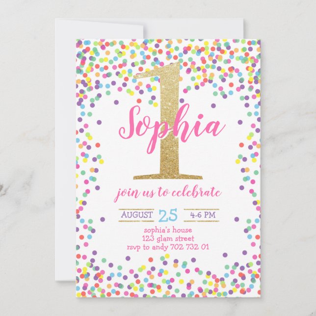 Invitation Première Fille Anniversaire Colorful Confetti Numé (Devant)