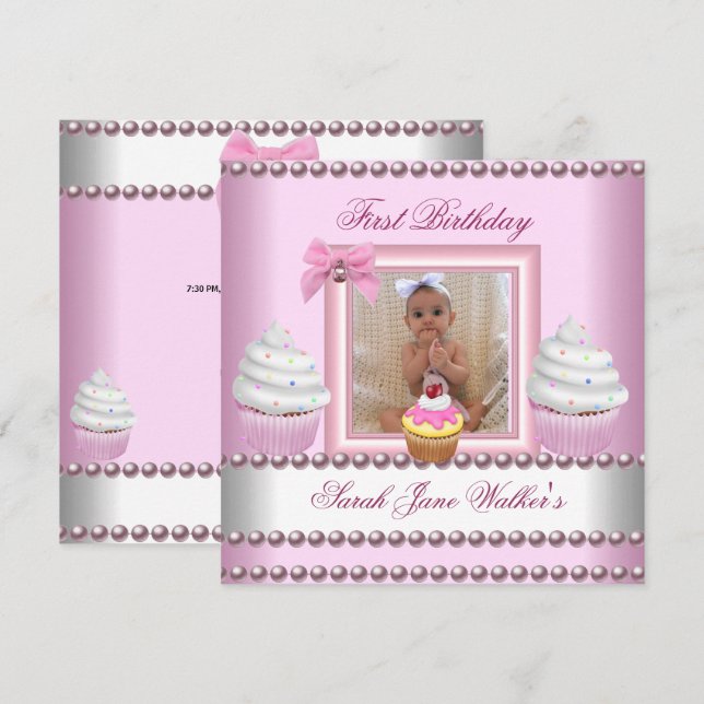 Invitation Première Fille Anniversaire Pink Cupcakes White Pe (Devant / Derrière)