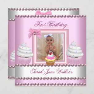 Invitation Première Fille Anniversaire Pink Cupcakes White Pe