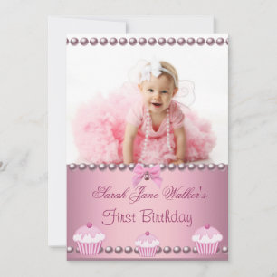 Invitation Première fille d'anniversaire 1 an Gâteaux roses B