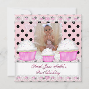 Invitation Première fille d'anniversaire Gâteaux roses Noir B