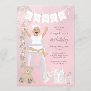 Invitation Première fille de naissance rose en chaise haute