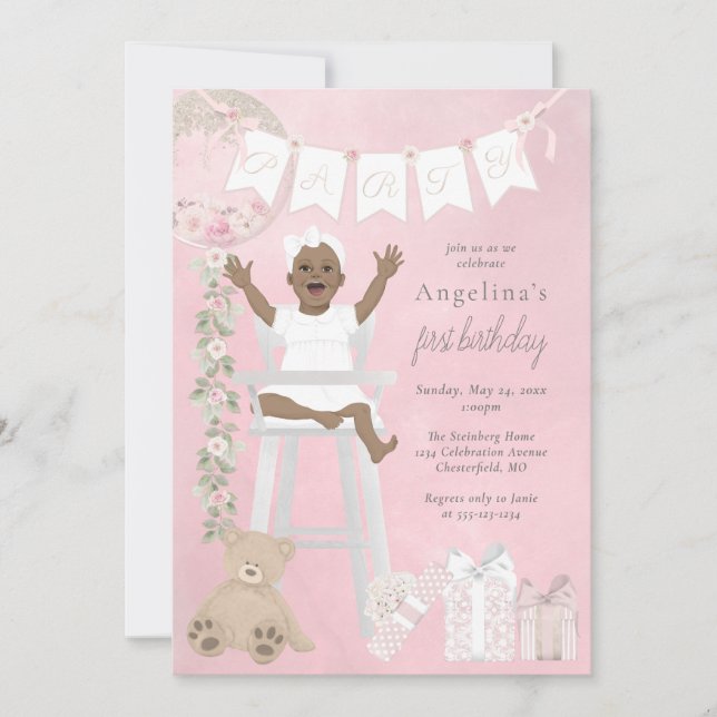Invitation Première fille de naissance rose en chaise haute (Devant)
