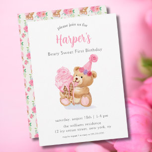 Invitation Première Filles d'anniversaire Teddy Bear Crème de