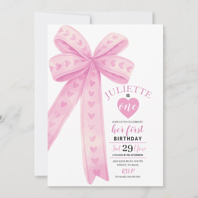 Invitation Première Filles de la Bow rose modifiable Invitati (Devant)