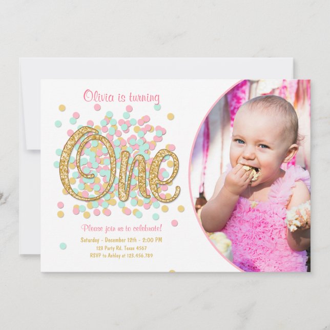 Invitation Première menthe d'or de rose de fille d'invitation (Devant)